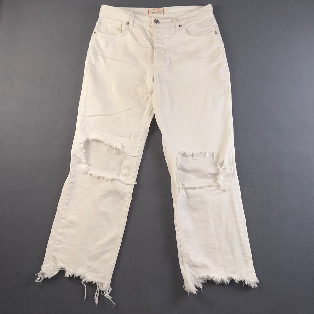 We The Free Free People White Distressed Straight Leg Jeans Size 27 Knee Slit